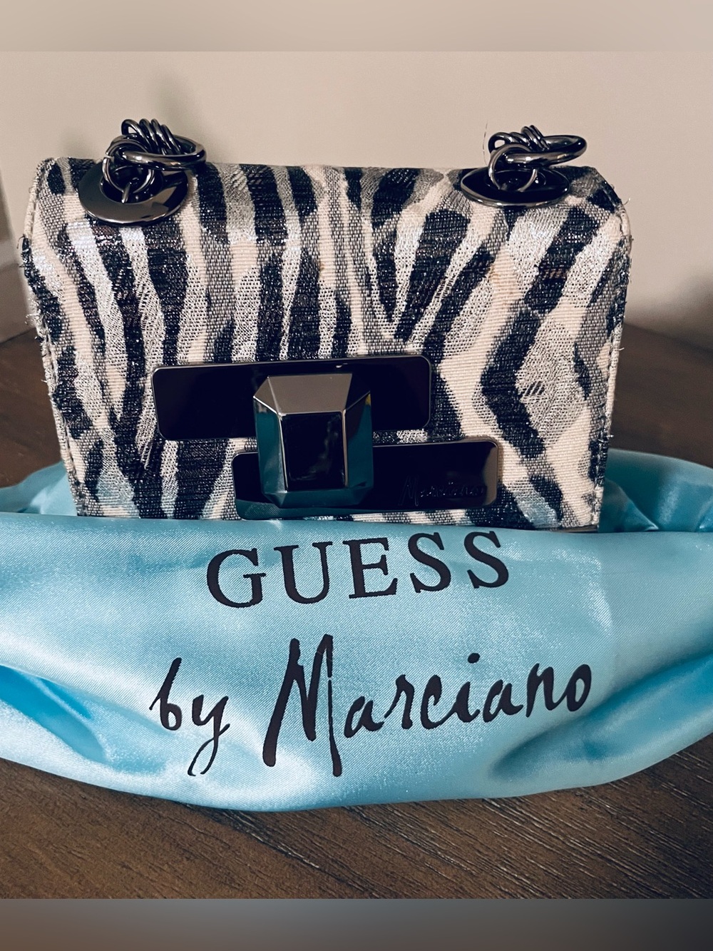 Guess by Marciano Zebra-Print Chain Shoulder Bag & Dust bag Pristine Authentic